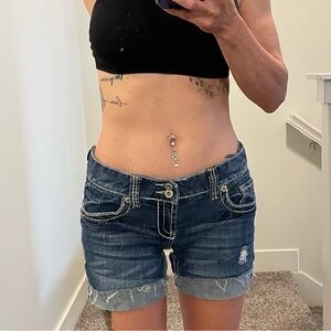 Amethyst Jeans Indigo Low Rise Denim Distressed Cuffed  Shorts Stretch Size 7